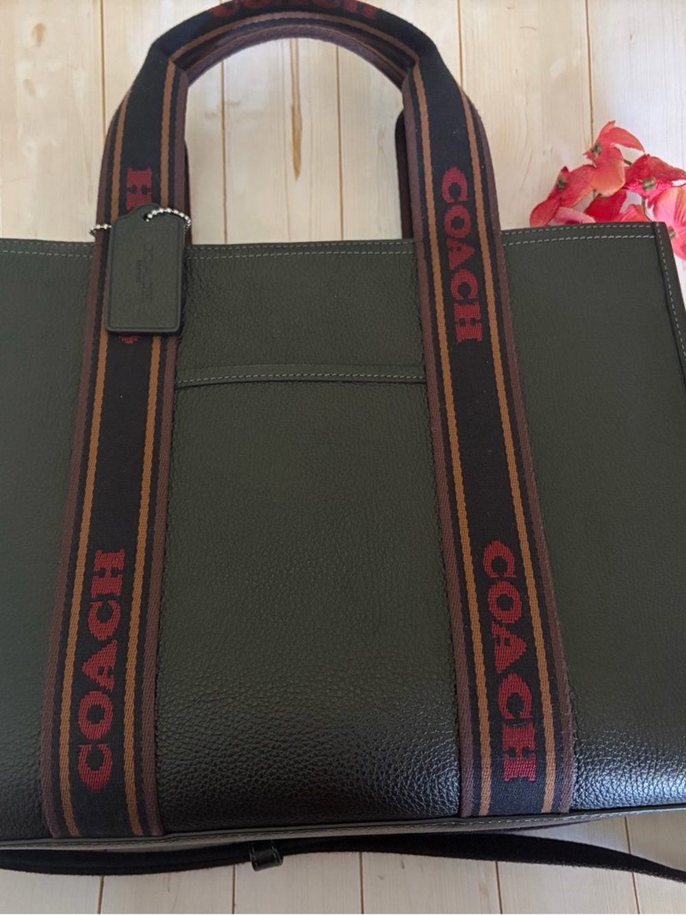 Coach Black Leather Tote with Brown and Red Logo Web Straps